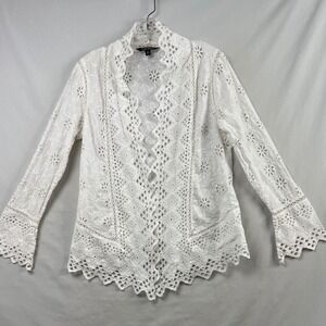 LRL Ralph Lauren Eyelet Cardigan Womens Medium White Lace Bell Sleeve Boho